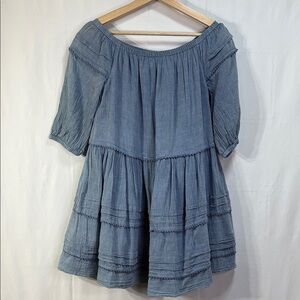 💌Polo by Ralph Lauren Blue Tiered cottonRuffled Mini off the shoulder dress